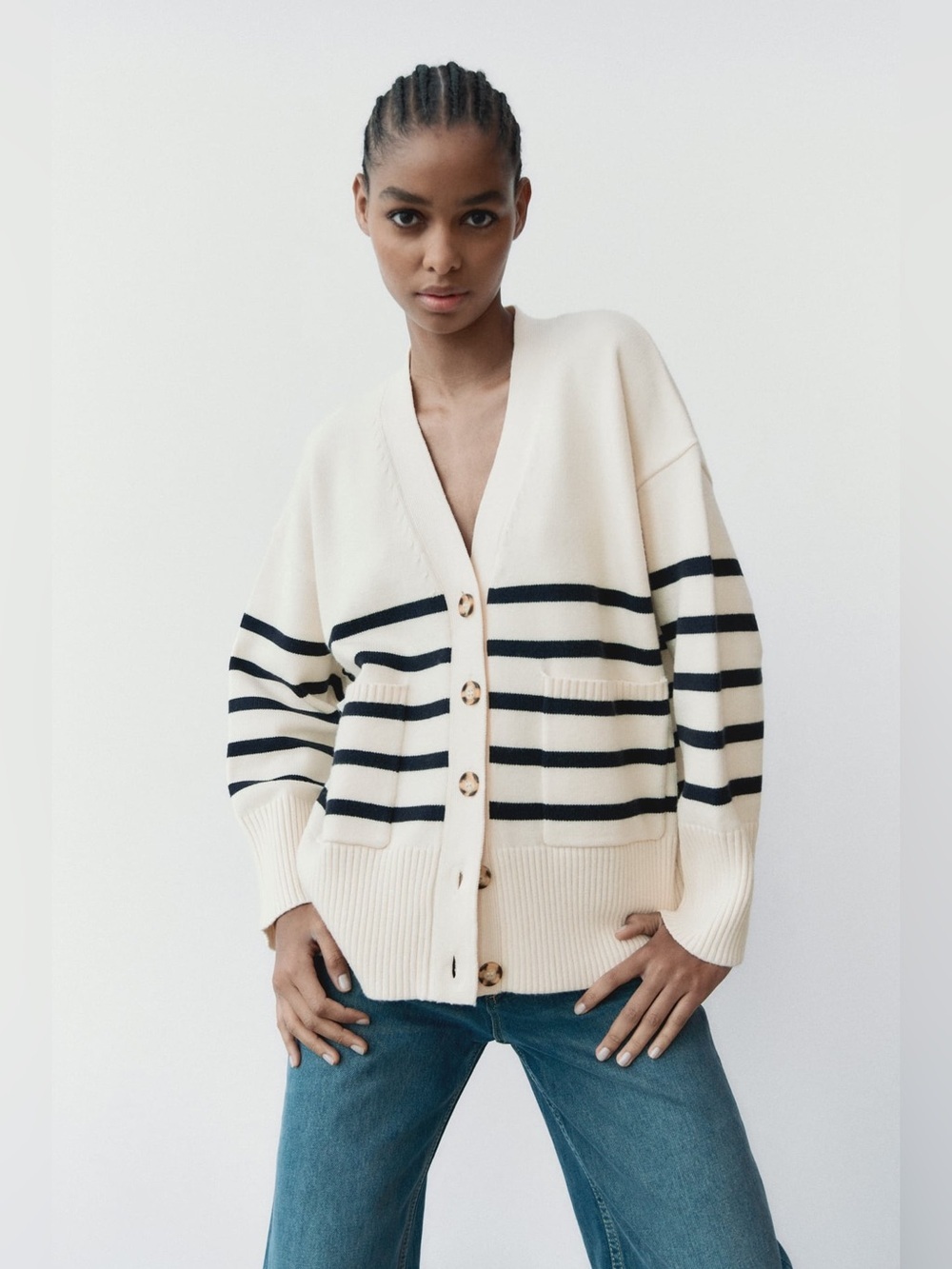 Zara Cream Heavy Knit Cardigan with Black Stripes Size XSmall